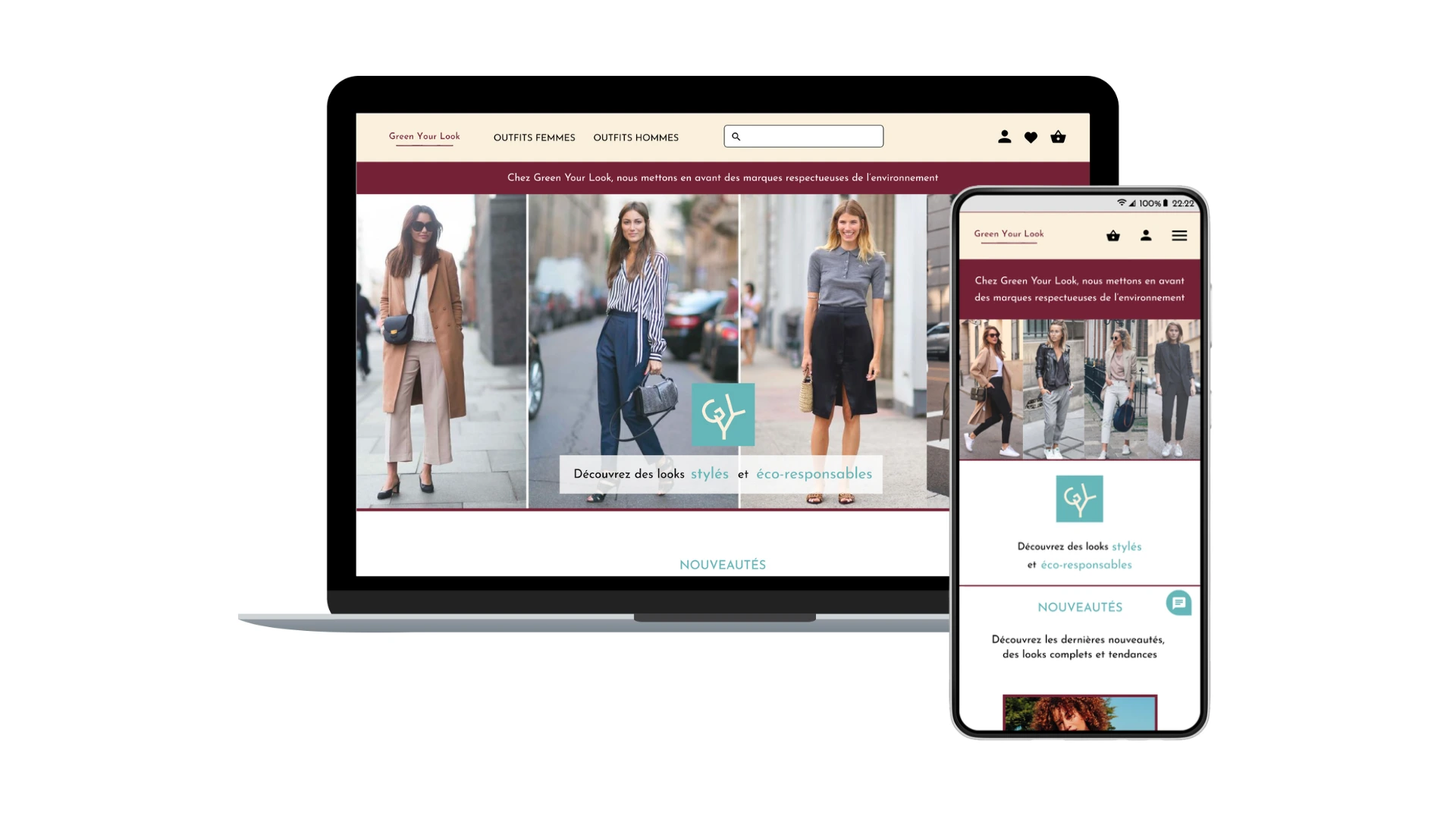 Ecrans ordinateur et mobile avec la page d'accueil du site Green Your Look