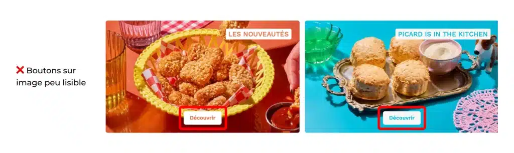 Capture d'écran du site Picard : boutons placés sur des images