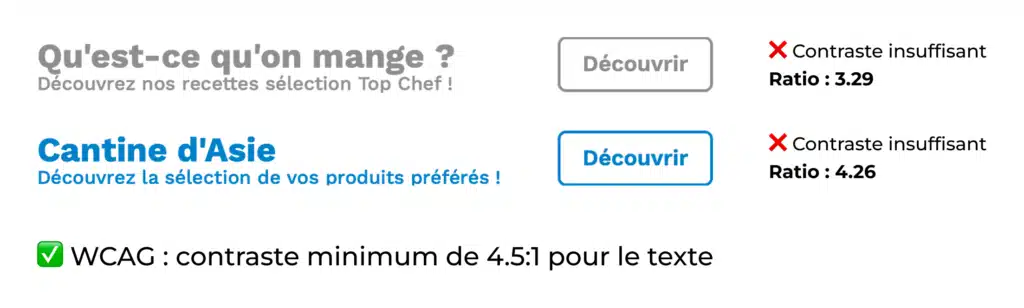 Capture d'écran du site Picard : titres avec contrastes insuffisants