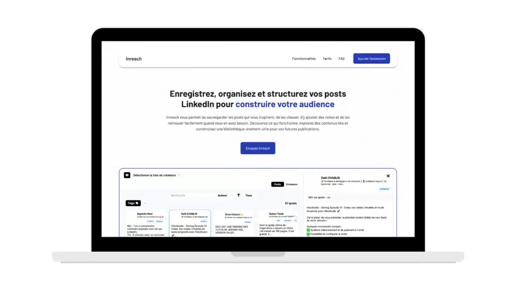 Landing page du projet d'application SaaS pour les créateurs Linkedin
