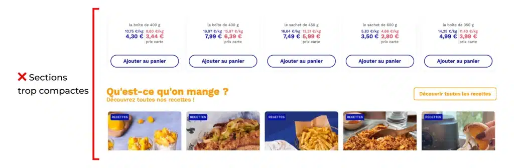 Capture d'écran du site Picard : manque d'espace entre les sections
