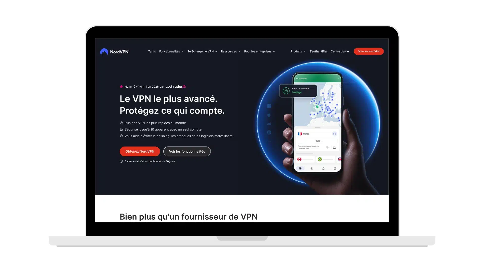 Maquette du haut de la page d'accueil du site NordVPN